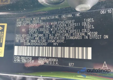 2010 Toyota Highlander Base V6 из США, поврежденный, VIN 5TDBK3EH2AS030487